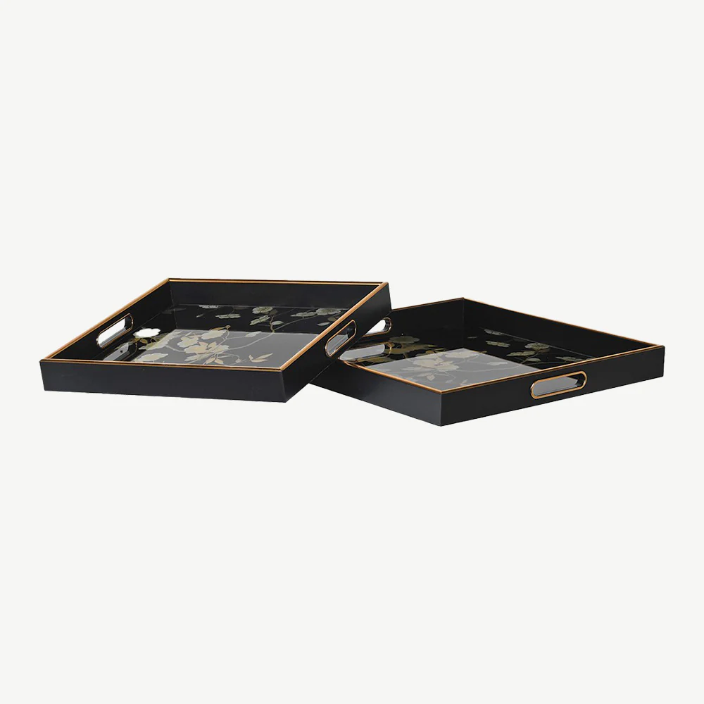 Set of 2 Black Floral Square Trays - Image 2