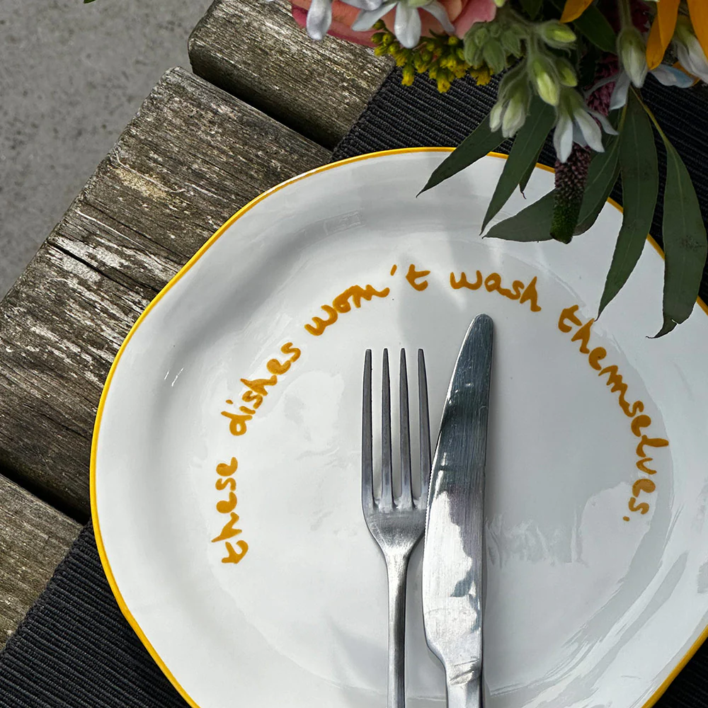 "These dishes wont wash themselves" Yellow Decorative Plate - Image 6